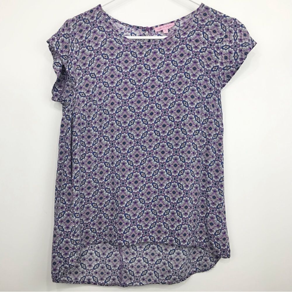 Rose & Rhyme Geometric Floral Purple and Blue Blouse